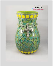 Load image into Gallery viewer, Green and teal Glass Tile Handmade Mosaic Vase  VA115
